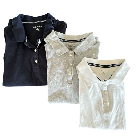 Nautica Polo 3 PACK‎ Navy Gray White 3 Button Collard Women's Size Large - Picture 2 of 9